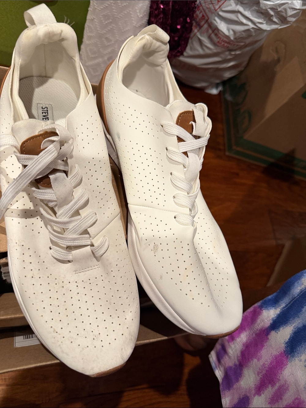 Steve Madden White Perforated Slip-On Sneakers with Tan Accent - Picture 2 of 4